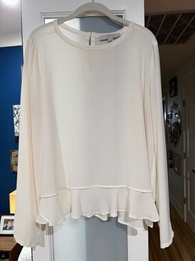 LOFT Cream Ruffle-Hem Long Sleeve Blouse